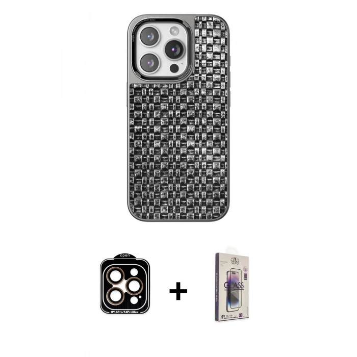 MARSİLYAN™- iPhone 15 Pro Max Kılıf Siluet Form Serisi - Siyah Bilvis 3D Cam Ekran Koruyucu + PVD Metal Kamera Lens - TU