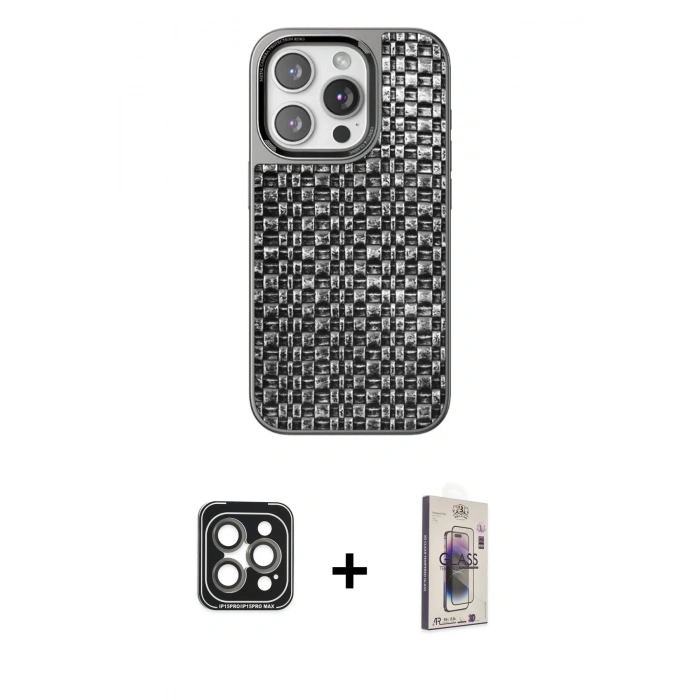 MARSİLYAN™- iPhone 15 Pro Max Kılıf Siluet Form Serisi - Siyah Bilvis 3D Cam Ekran Koruyucu + PVD Metal Kamera Lens - GI