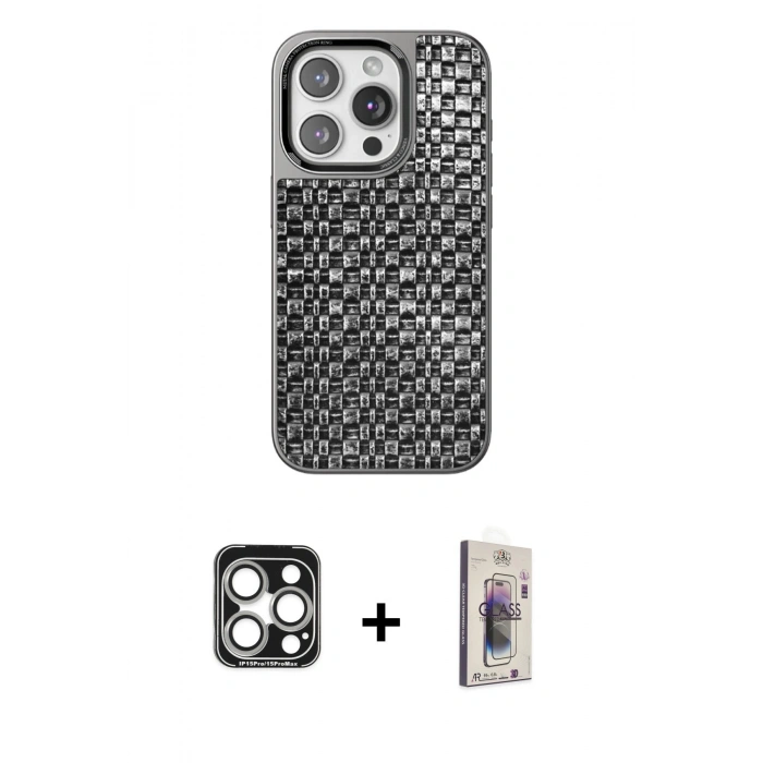 MARSİLYAN™- iPhone 15 Pro Max Kılıf Siluet Form Serisi - Siyah Bilvis 3D Cam Ekran Koruyucu + PVD Metal Kamera Lens - GS