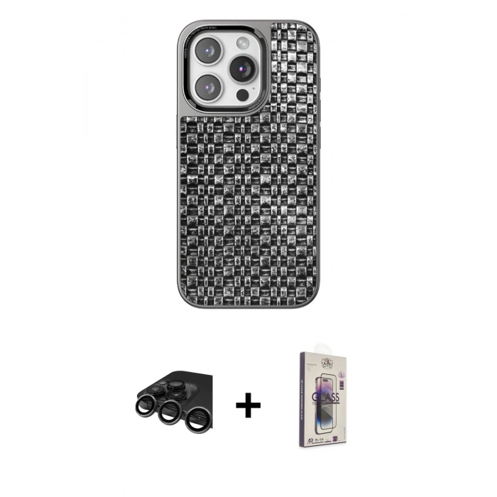 MARSİLYAN™- iPhone 15 Pro Max Kılıf Siluet Form Serisi - Siyah Bilvis 3D Cam Ekran Koruyucu + Raze Metal Kamera Lens - TMGI