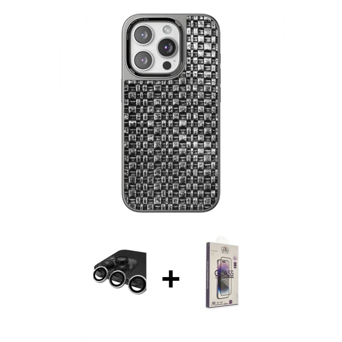 MARSİLYAN™- iPhone 15 Pro Max Kılıf Siluet Form Serisi - Siyah Bilvis 3D Cam Ekran Koruyucu + Raze Metal Kamera Lens - GS
