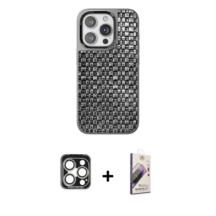 MARSİLYAN™- iPhone 15 Pro Max Kılıf Siluet Form Serisi - Siyah Bilvis 3D Mat Cam Ekran Koruyucu + Gümüş PVD Metal Kamera Lens