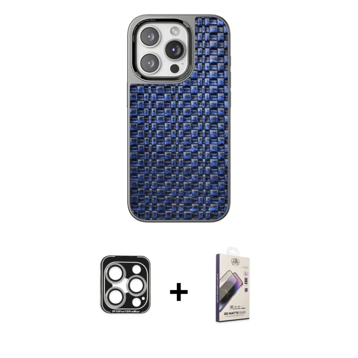 MARSİLYAN™- iPhone 15 Pro Max Kılıf Siluet Form Serisi - Siyah Bilvis 3D Mat Cam Ekran Koruyucu + Gümüş PVD Metal Kamera Lens