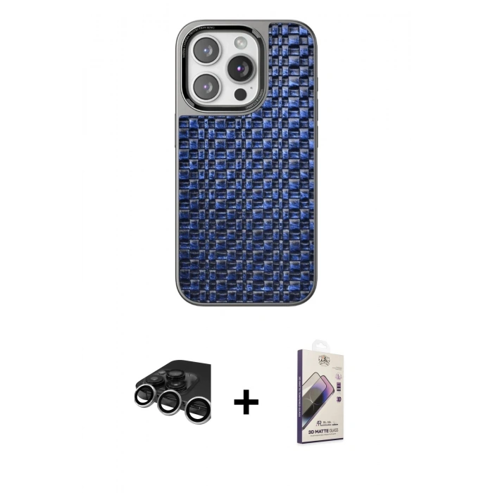MARSİLYAN™- iPhone 15 Pro Max Kılıf Siluet Form Serisi - Siyah Bilvis 3D Mat Cam Ekran Koruyucu + Raze Metal Kamera Lens - GS