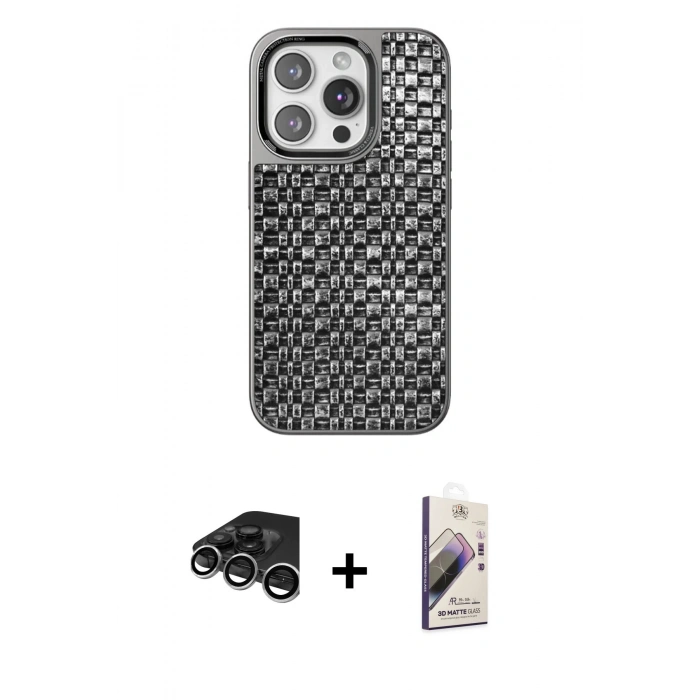 MARSİLYAN™- iPhone 15 Pro Max Kılıf Siluet Form Serisi - Siyah Bilvis 3D Mat Cam Ekran Koruyucu + Raze Metal Kamera Lens - GS