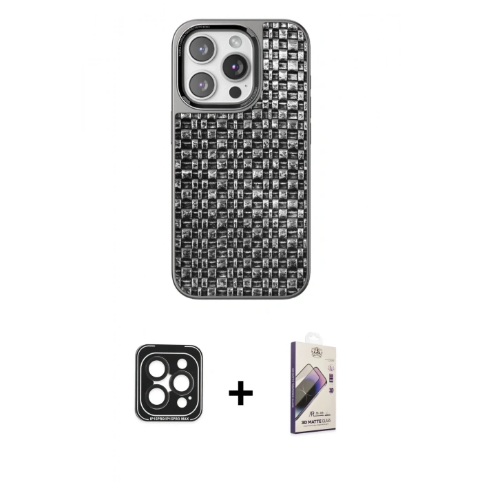 MARSİLYAN™- iPhone 15 Pro Max Kılıf Siluet Form Serisi - Siyah Bilvis 3D Mat Cam Ekran Koruyucu + PVD Metal Kamera Lens - SH