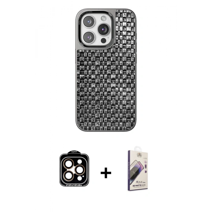 MARSİLYAN™- iPhone 15 Pro Max Kılıf Siluet Form Serisi - Siyah Bilvis 3D Mat Cam Ekran Koruyucu + Turuncu PVD Metal Kamera Lens