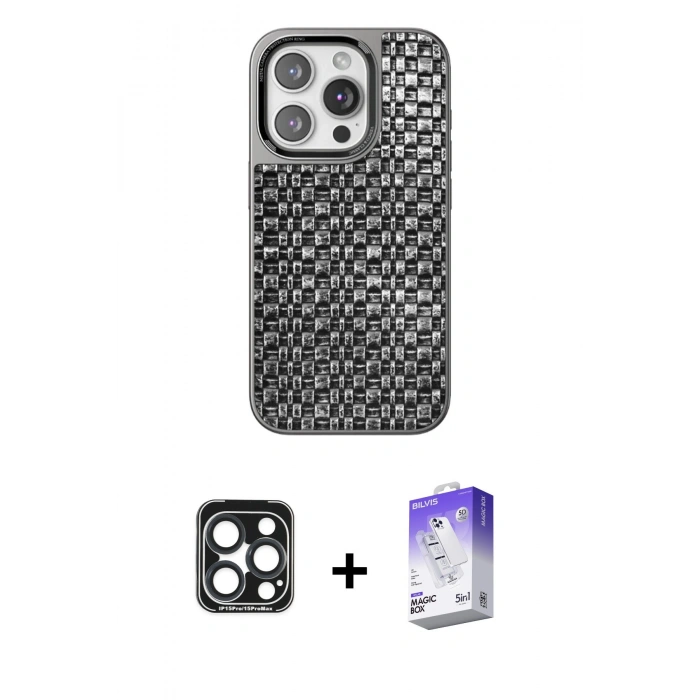 MARSİLYAN™- iPhone 15 Pro Max Kılıf Siluet Form Serisi - Siyah Bilvis 5in1 3D Magic Cam Ekran Koruyucu + PVD Metal Kamera Lens - LT