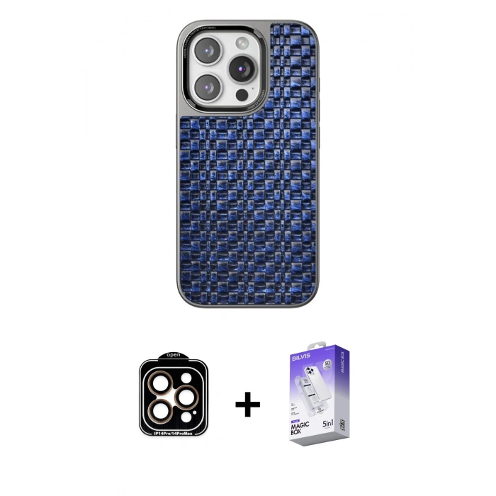 MARSİLYAN™- iPhone 15 Pro Max Kılıf Siluet Form Serisi - Siyah Bilvis 5in1 3D Magic Cam Ekran Koruyucu + PVD Metal Kamera Lens - TU