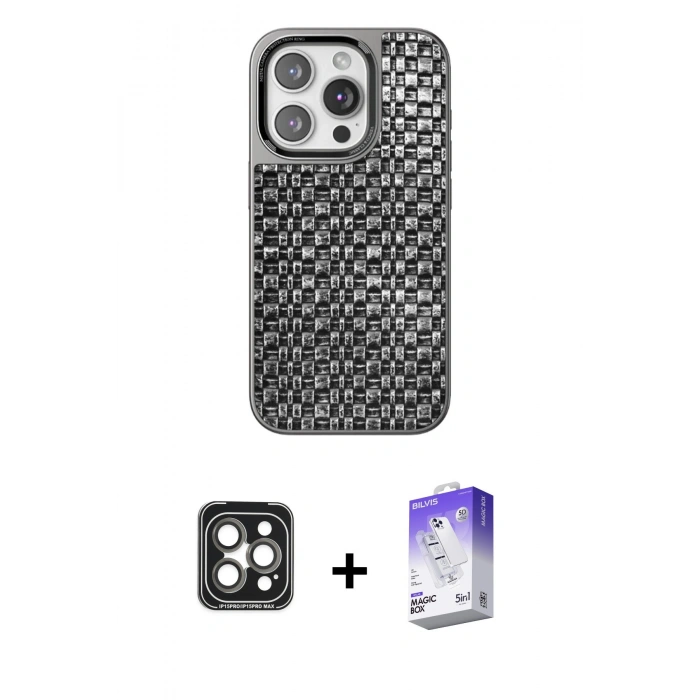 MARSİLYAN™- iPhone 15 Pro Max Kılıf Siluet Form Serisi - Siyah Bilvis 5in1 3D Magic Cam Ekran Koruyucu + PVD Metal Kamera Lens - GI