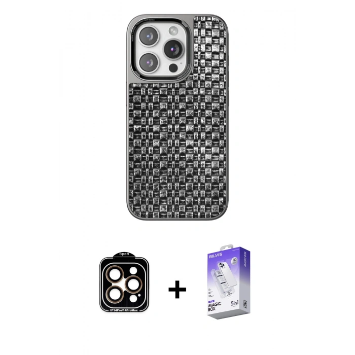 MARSİLYAN™- iPhone 15 Pro Max Kılıf Siluet Form Serisi - Siyah Bilvis 5in1 3D Magic Cam Ekran Koruyucu + PVD Metal Kamera Lens - TU