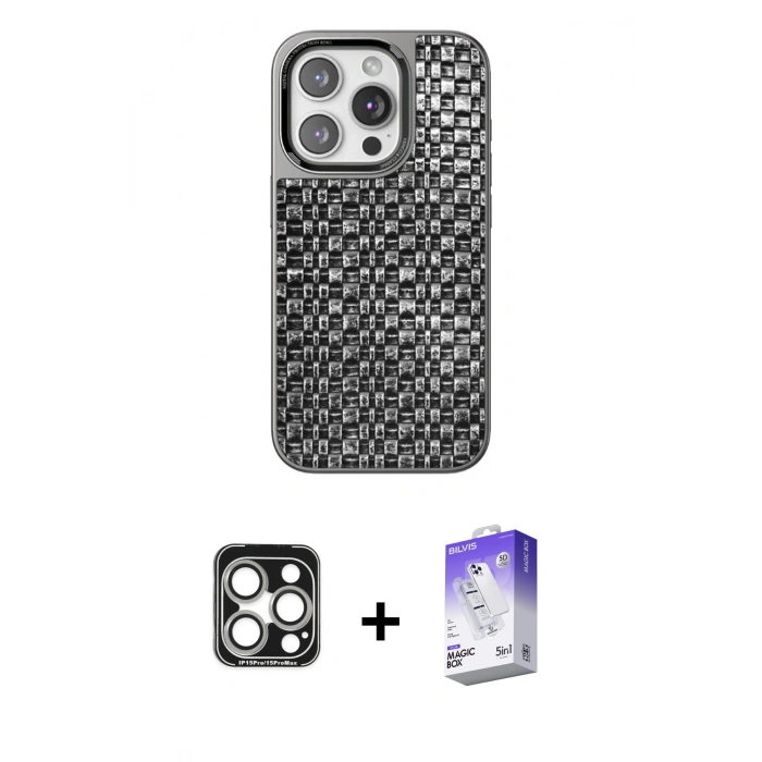 MARSİLYAN™- iPhone 15 Pro Max Kılıf Siluet Form Serisi - Siyah Bilvis 5in1 3D Magic Cam Ekran Koruyucu + PVD Metal Kamera Lens - GS