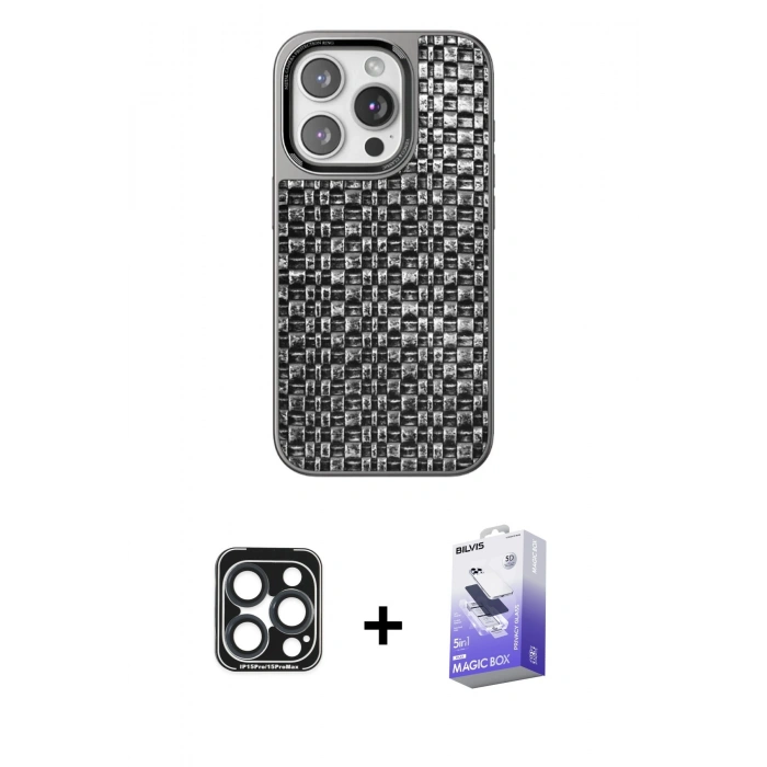 MARSİLYAN™- iPhone 15 Pro Max Kılıf Siluet Form Serisi - Siyah Bilvis 5in1 5D Magic Hayalet Cam Ekran Koruyucu + PVD Metal Kamera Lens - LT