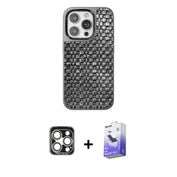 MARSİLYAN™- iPhone 15 Pro Max Kılıf Siluet Form Serisi - Siyah Bilvis 5in1 5D Magic Hayalet Cam Ekran Koruyucu + PVD Metal Kamera Lens - GS