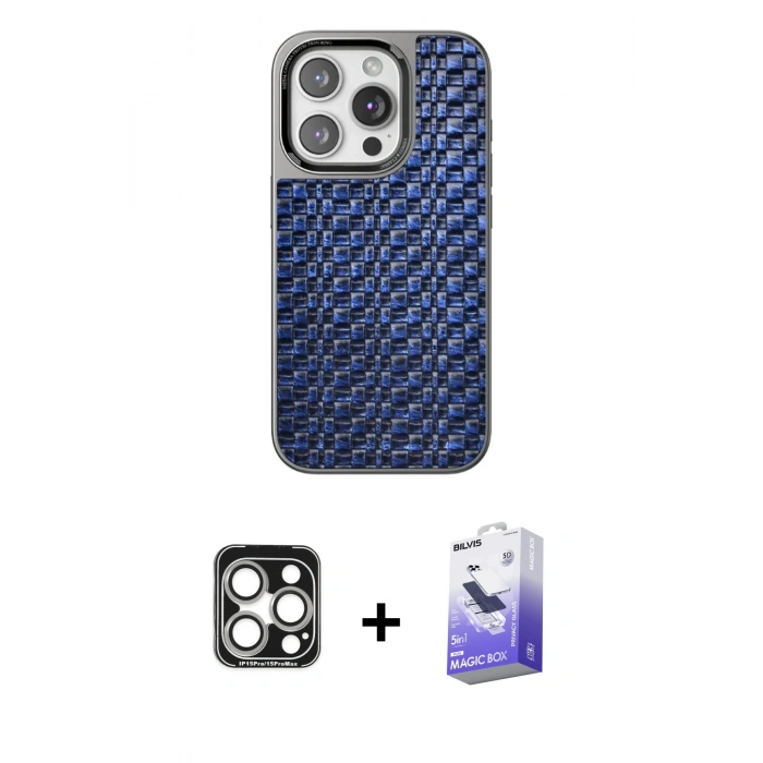 MARSİLYAN™- iPhone 15 Pro Max Kılıf Siluet Form Serisi - Siyah Bilvis 5in1 5D Magic Hayalet Cam Ekran Koruyucu + PVD Metal Kamera Lens - GS