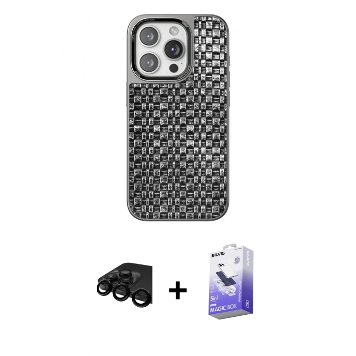MARSİLYAN™- iPhone 15 Pro Max Kılıf Siluet Form Serisi - Siyah Bilvis 5in1 5D Magic Hayalet Cam Ekran Koruyucu + Raze Metal Kamera Lens - SH