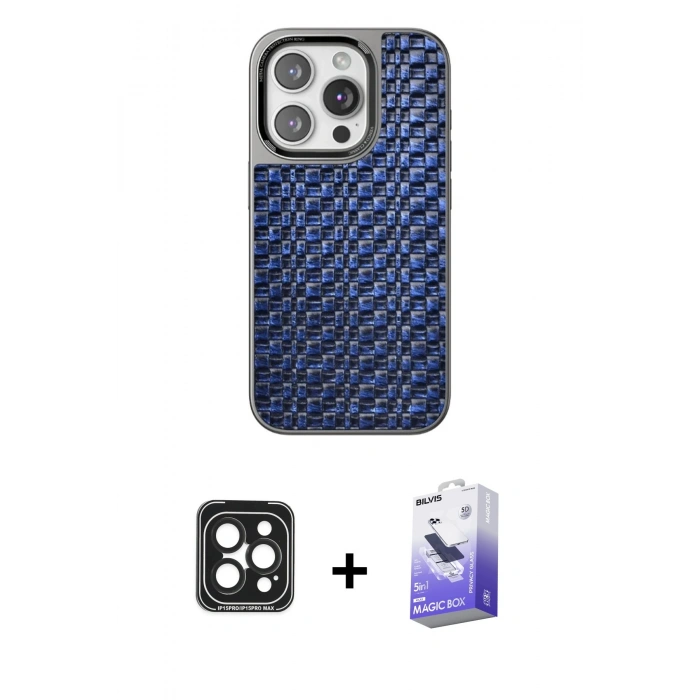 MARSİLYAN™- iPhone 15 Pro Max Kılıf Siluet Form Serisi - Siyah Bilvis 5in1 5D Magic Hayalet Cam Ekran Koruyucu + PVD Metal Kamera Lens - SH