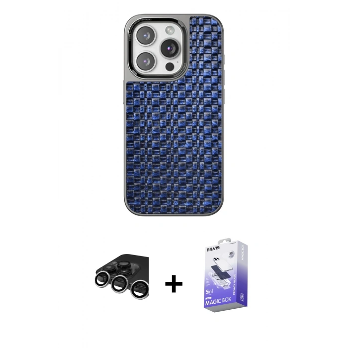 MARSİLYAN™- iPhone 15 Pro Max Kılıf Siluet Form Serisi - Siyah Bilvis 5in1 5D Magic Hayalet Cam Ekran Koruyucu + Raze Metal Kamera Lens - GS