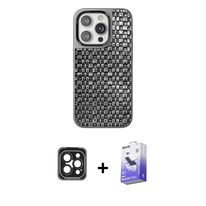 MARSİLYAN™- iPhone 15 Pro Max Kılıf Siluet Form Serisi - Siyah Bilvis 5in1 5D Magic Hayalet Cam Ekran Koruyucu + PVD Metal Kamera Lens - SH