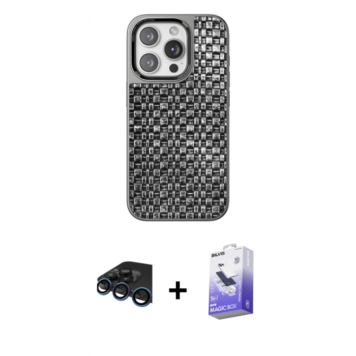 MARSİLYAN™- iPhone 15 Pro Max Kılıf Siluet Form Serisi - Siyah Bilvis 5in1 5D Magic Hayalet Cam Ekran Koruyucu + Raze Metal Kamera Lens - LT