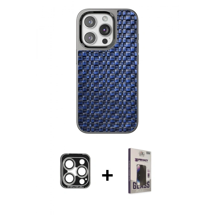 MARSİLYAN™- iPhone 15 Pro Max Kılıf Siluet Form Serisi - Siyah Bilvis Hayalet Cam Ekran Koruyucu + PVD Metal Kamera Lens - GS