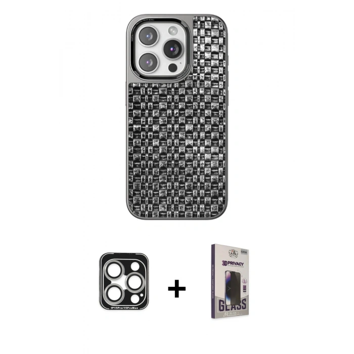 MARSİLYAN™- iPhone 15 Pro Max Kılıf Siluet Form Serisi - Siyah Bilvis Hayalet Cam Ekran Koruyucu + PVD Metal Kamera Lens - GS