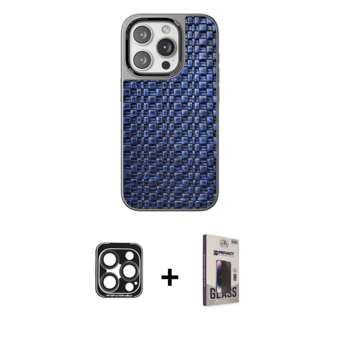 MARSİLYAN™- iPhone 15 Pro Max Kılıf Siluet Form Serisi - Siyah Bilvis Hayalet Cam Ekran Koruyucu + PVD Metal Kamera Lens - LT