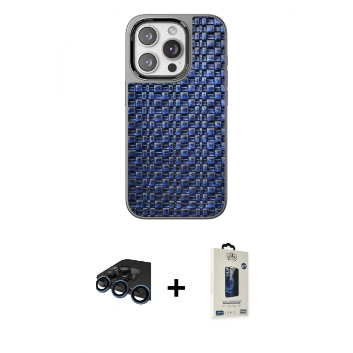 MARSİLYAN™- iPhone 15 Pro Max Kılıf Siluet Form Serisi - Siyah Bilvis Hayalet Cam Ekran Koruyucu + Lacivert Raze Metal Kamera Lens