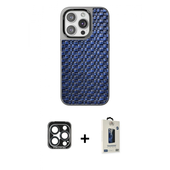 MARSİLYAN™- iPhone 15 Pro Max Kılıf Siluet Form Serisi - Siyah Bilvis Hayalet Cam Ekran Koruyucu + PVD Metal Kamera Lens - LT