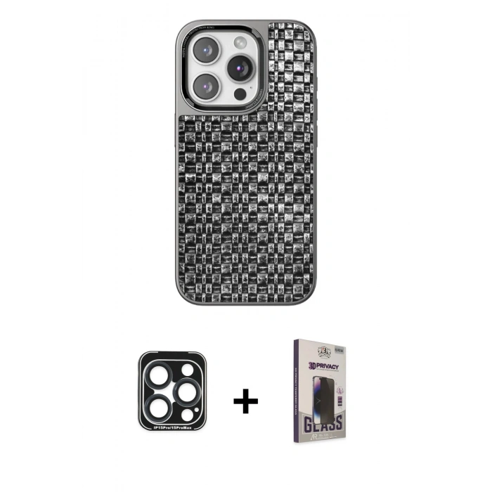 MARSİLYAN™- iPhone 15 Pro Max Kılıf Siluet Form Serisi - Siyah Bilvis Hayalet Cam Ekran Koruyucu + PVD Metal Kamera Lens - LT