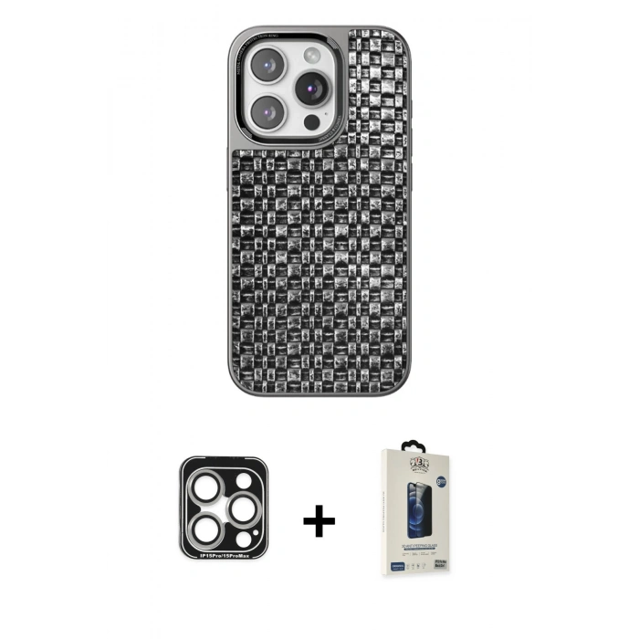MARSİLYAN™- iPhone 15 Pro Max Kılıf Siluet Form Serisi - Siyah Bilvis Hayalet Cam Ekran Koruyucu + PVD Metal Kamera Lens - GS