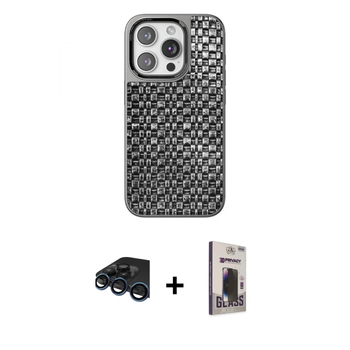 MARSİLYAN™- iPhone 15 Pro Max Kılıf Siluet Form Serisi - Siyah Bilvis Hayalet Cam Ekran Koruyucu + Raze Metal Kamera Lens - LT