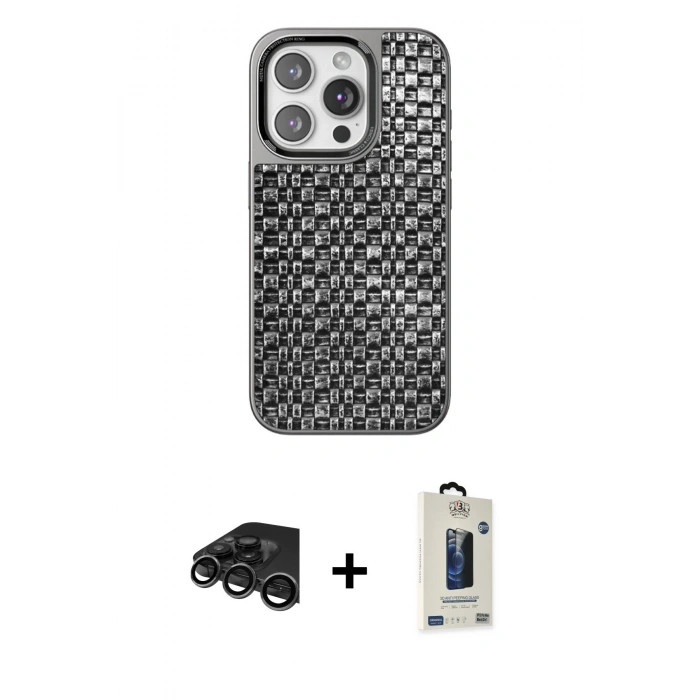 MARSİLYAN™- iPhone 15 Pro Max Kılıf Siluet Form Serisi - Siyah Bilvis Hayalet Cam Ekran Koruyucu + Raze Metal Kamera Lens - TMGI