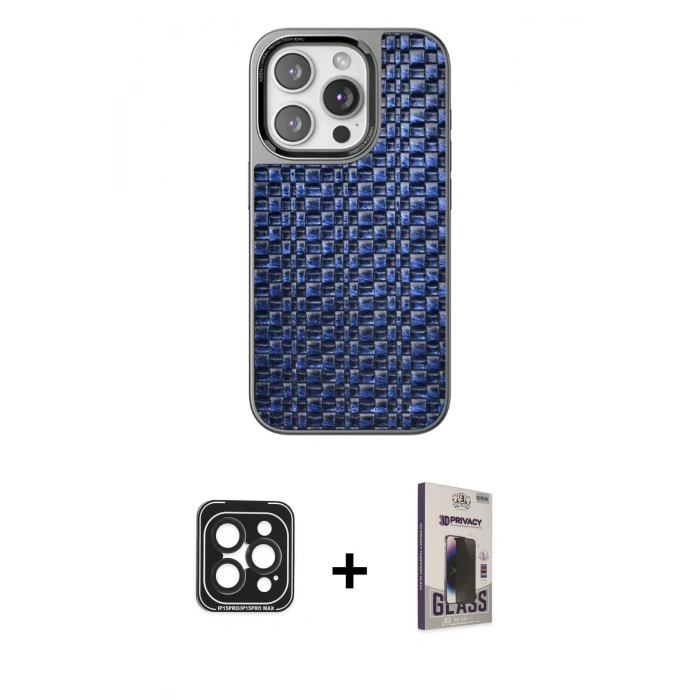 MARSİLYAN™- iPhone 15 Pro Max Kılıf Siluet Form Serisi - Siyah Bilvis Hayalet Cam Ekran Koruyucu + Siyah PVD Metal Kamera Lens