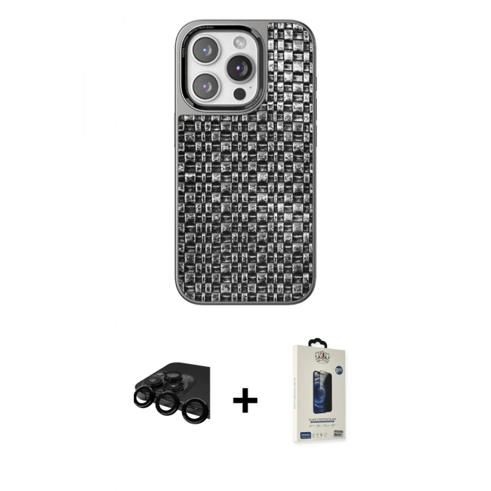 MARSİLYAN™- iPhone 15 Pro Max Kılıf Siluet Form Serisi - Siyah Bilvis Hayalet Cam Ekran Koruyucu + Raze Metal Kamera Lens - SH