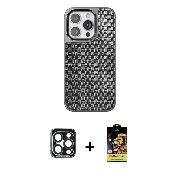 MARSİLYAN™- iPhone 15 Pro Max Kılıf Siluet Form Serisi - Siyah Buffer Cam Ekran Koruyucu + Lacivert PVD Metal Kamera Lens