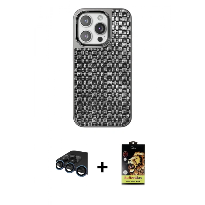 MARSİLYAN™- iPhone 15 Pro Max Kılıf Siluet Form Serisi - Siyah Buffer Cam Ekran Koruyucu + Raze Metal Kamera Lens - LT
