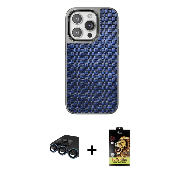MARSİLYAN™- iPhone 15 Pro Max Kılıf Siluet Form Serisi - Siyah Buffer Cam Ekran Koruyucu + Raze Metal Kamera Lens - LT