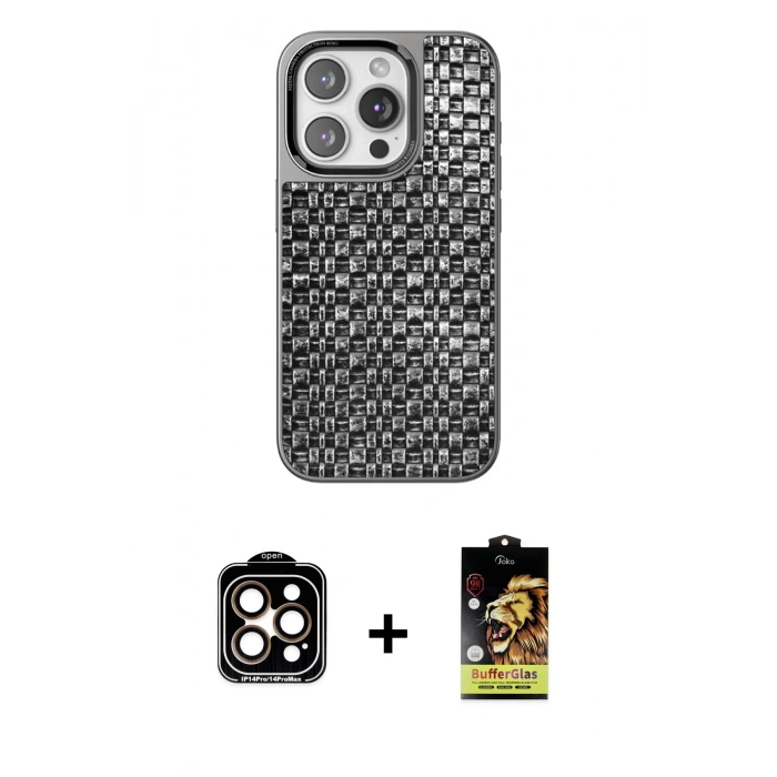 MARSİLYAN™- iPhone 15 Pro Max Kılıf Siluet Form Serisi - Siyah Buffer Cam Ekran Koruyucu + PVD Metal Kamera Lens - TU