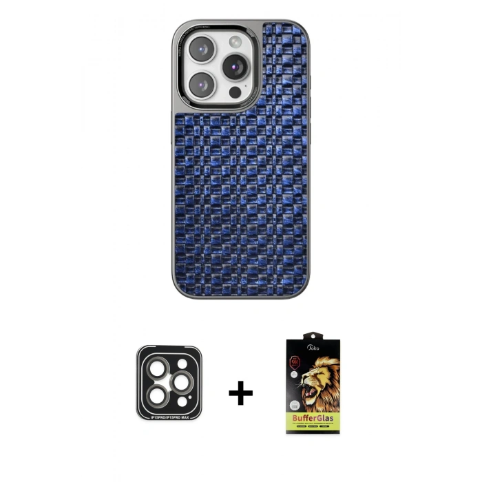 MARSİLYAN™- iPhone 15 Pro Max Kılıf Siluet Form Serisi - Siyah Buffer Cam Ekran Koruyucu + PVD Metal Kamera Lens - GI