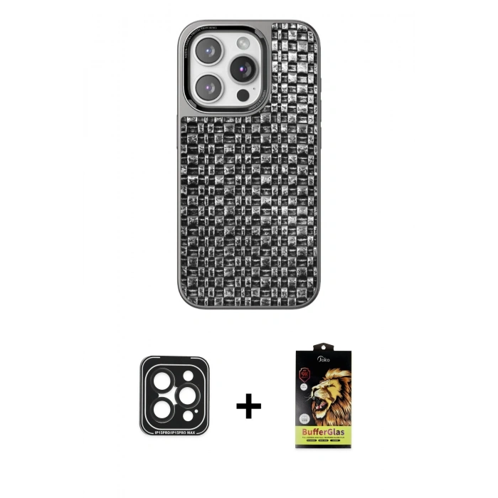 MARSİLYAN™- iPhone 15 Pro Max Kılıf Siluet Form Serisi - Siyah Buffer Cam Ekran Koruyucu + PVD Metal Kamera Lens - SH