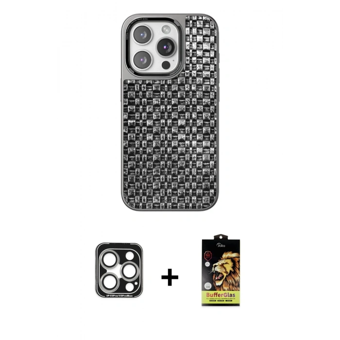 MARSİLYAN™- iPhone 15 Pro Max Kılıf Siluet Form Serisi - Siyah Buffer Cam Ekran Koruyucu + PVD Metal Kamera Lens - GS