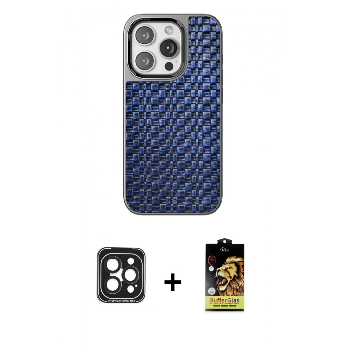 MARSİLYAN™- iPhone 15 Pro Max Kılıf Siluet Form Serisi - Siyah Buffer Cam Ekran Koruyucu + PVD Metal Kamera Lens - SH