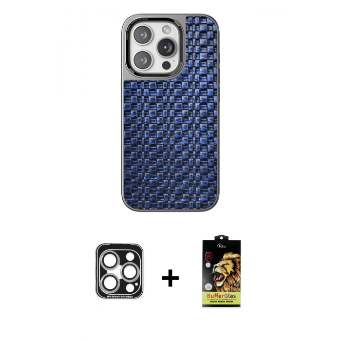 MARSİLYAN™- iPhone 15 Pro Max Kılıf Siluet Form Serisi - Siyah Buffer Cam Ekran Koruyucu + PVD Metal Kamera Lens - GS