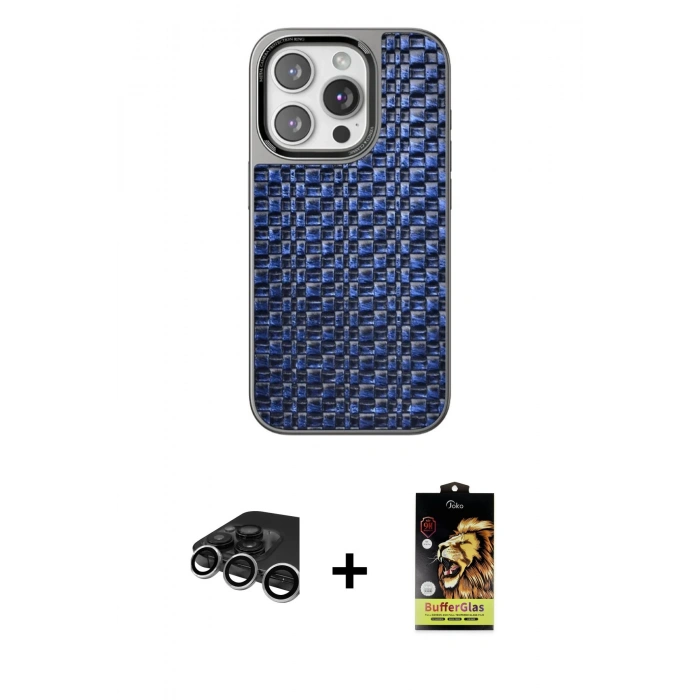 MARSİLYAN™- iPhone 15 Pro Max Kılıf Siluet Form Serisi - Siyah Buffer Cam Ekran Koruyucu + Raze Metal Kamera Lens - GS
