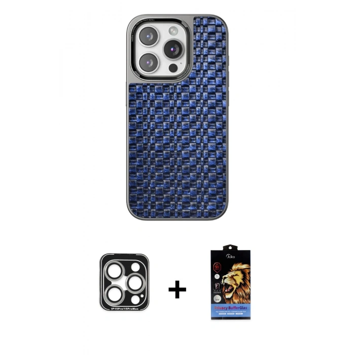 MARSİLYAN™- iPhone 15 Pro Max Kılıf Siluet Form Serisi - Siyah Buffer Hayalet Cam Ekran Koruyucu + PVD Metal Kamera Lens - GS
