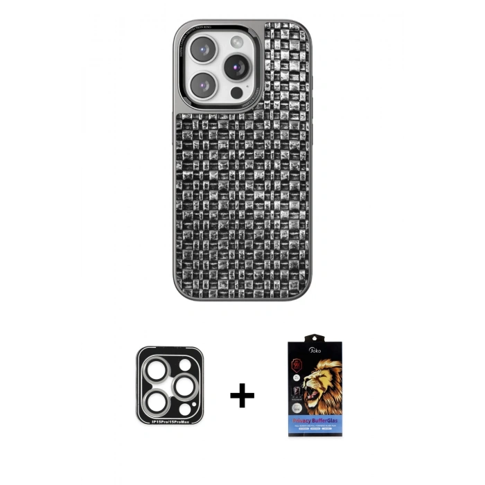 MARSİLYAN™- iPhone 15 Pro Max Kılıf Siluet Form Serisi - Siyah Buffer Hayalet Cam Ekran Koruyucu + PVD Metal Kamera Lens - GS