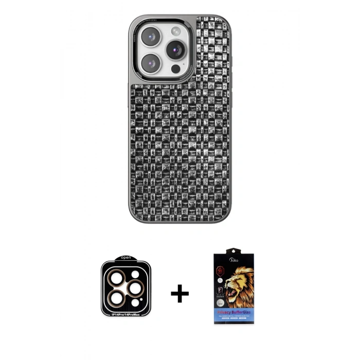 MARSİLYAN™- iPhone 15 Pro Max Kılıf Siluet Form Serisi - Siyah Buffer Hayalet Cam Ekran Koruyucu + PVD Metal Kamera Lens - TU