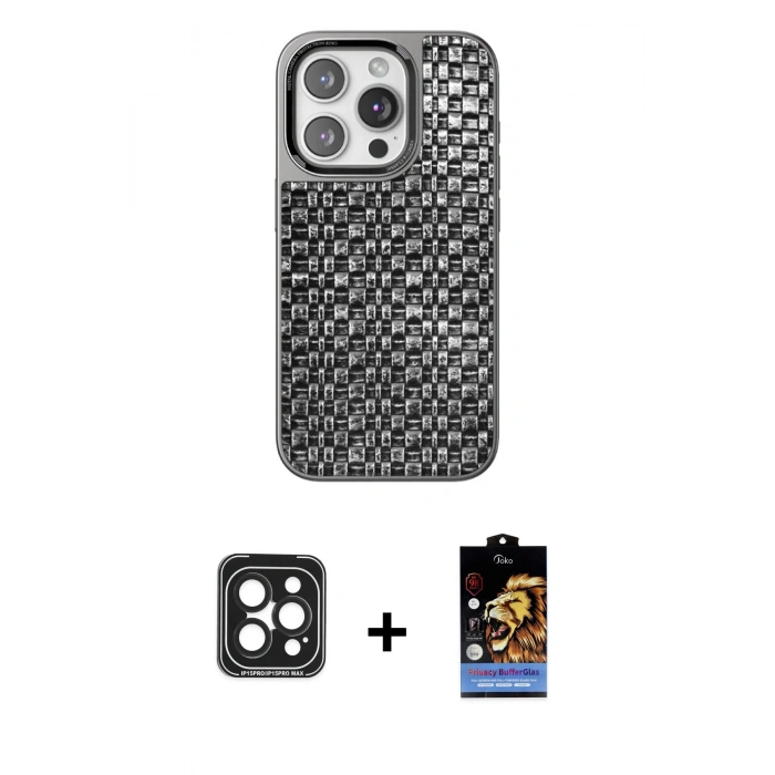 MARSİLYAN™- iPhone 15 Pro Max Kılıf Siluet Form Serisi - Siyah Buffer Hayalet Cam Ekran Koruyucu + Siyah PVD Metal Kamera Lens