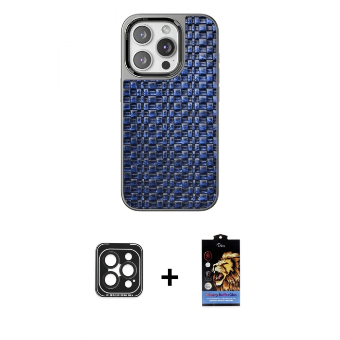 MARSİLYAN™- iPhone 15 Pro Max Kılıf Siluet Form Serisi - Siyah Buffer Hayalet Cam Ekran Koruyucu + Siyah PVD Metal Kamera Lens